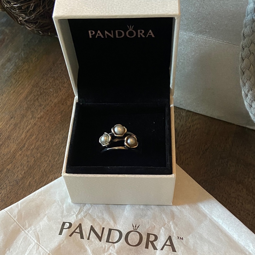 Pandora Three Wishes Pearl and Sterling Silver Ring Size 7